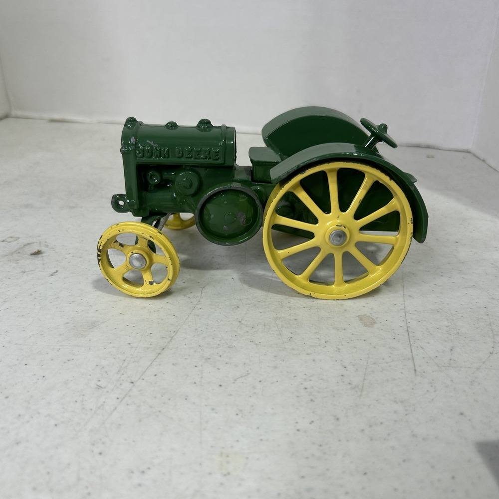 John Deere Model D Cast Iron Toy Tractor Green Yellow Spoke Wheels Collectible